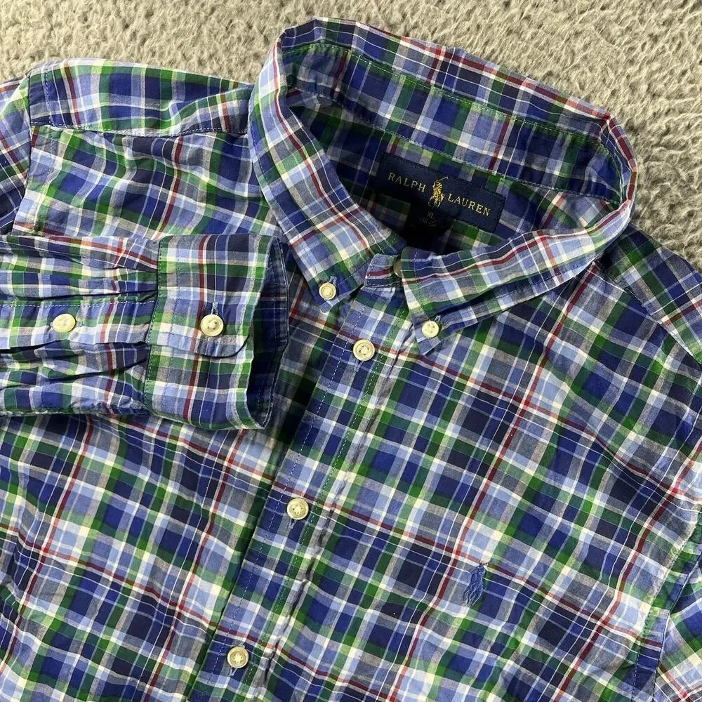 Ralph Lauren Boys XL 18-20 Plaid Button Down Shirt Long Sleeve Blue Green Pony
